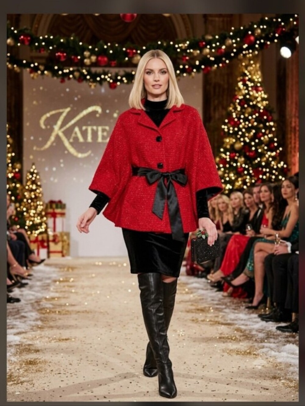 Kate Landry Shimmery Red Holiday Tweed Cape Coat Jkt W/Satin Belt M/L
